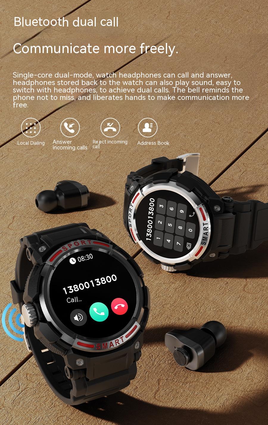 2-in-1 Smart Watch and TWS Bluetooth Headset GT100 with Dual Call and 128m Memory