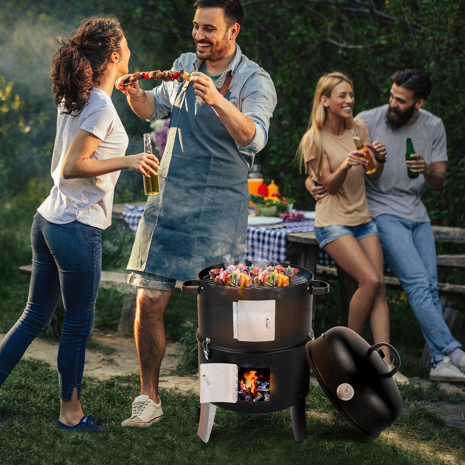 47x41.5x82cm Black Double-Walled Cylindrical Charcoal Smoker Grill - Premium Quality - Image 3