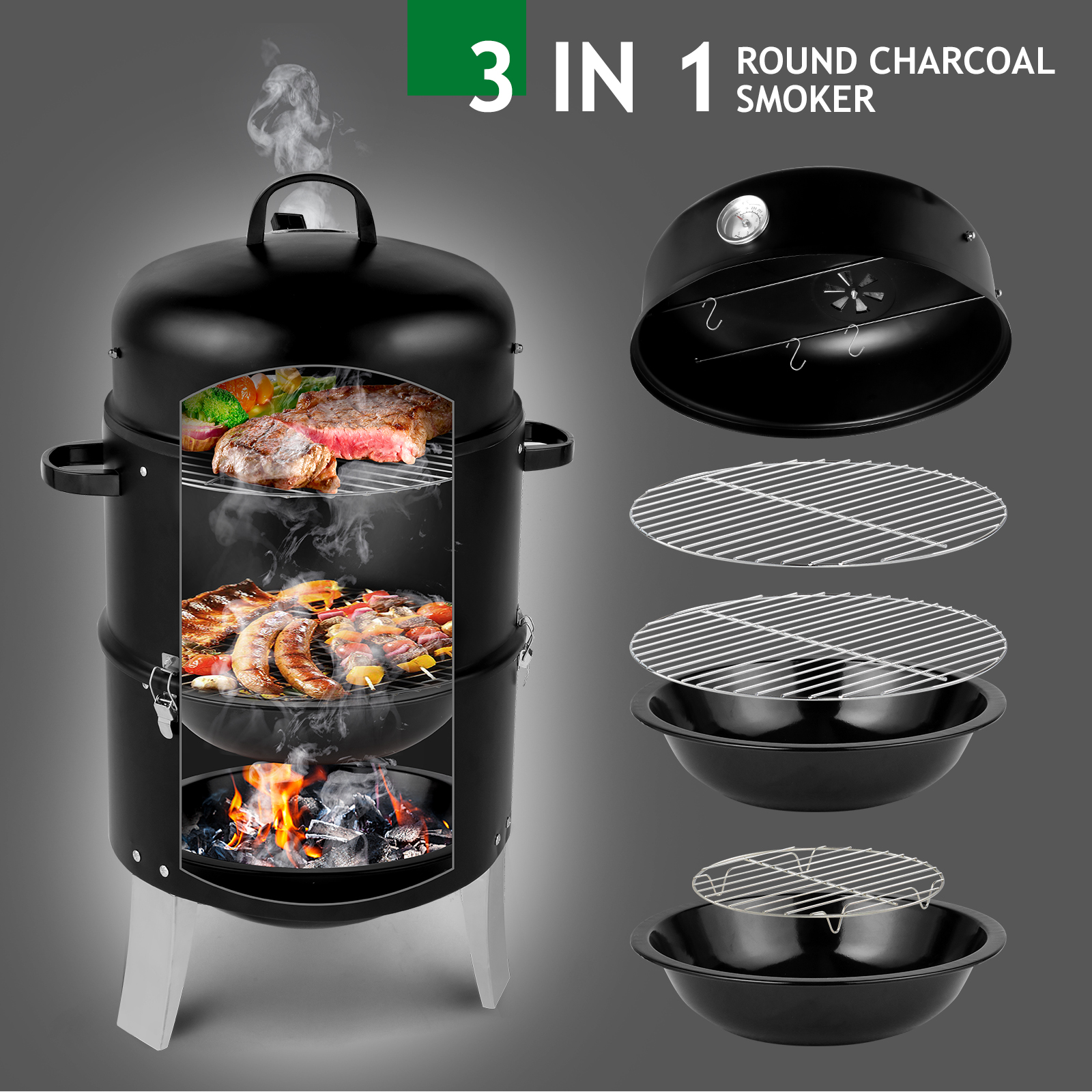 47x41.5x82cm Black Double-Walled Cylindrical Charcoal Smoker Grill - Premium Quality - Image 5