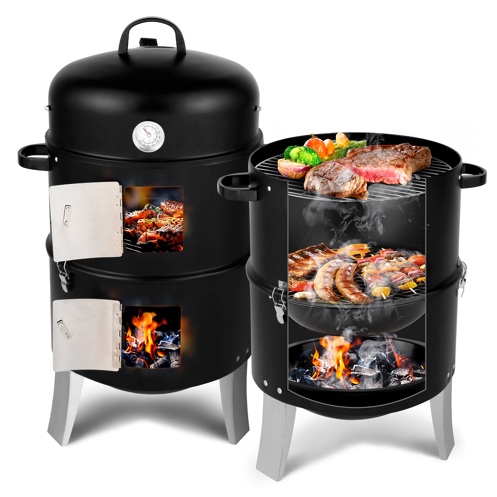 47x41.5x82cm Black Double-Walled Cylindrical Charcoal Smoker Grill - Premium Quality - Image 11