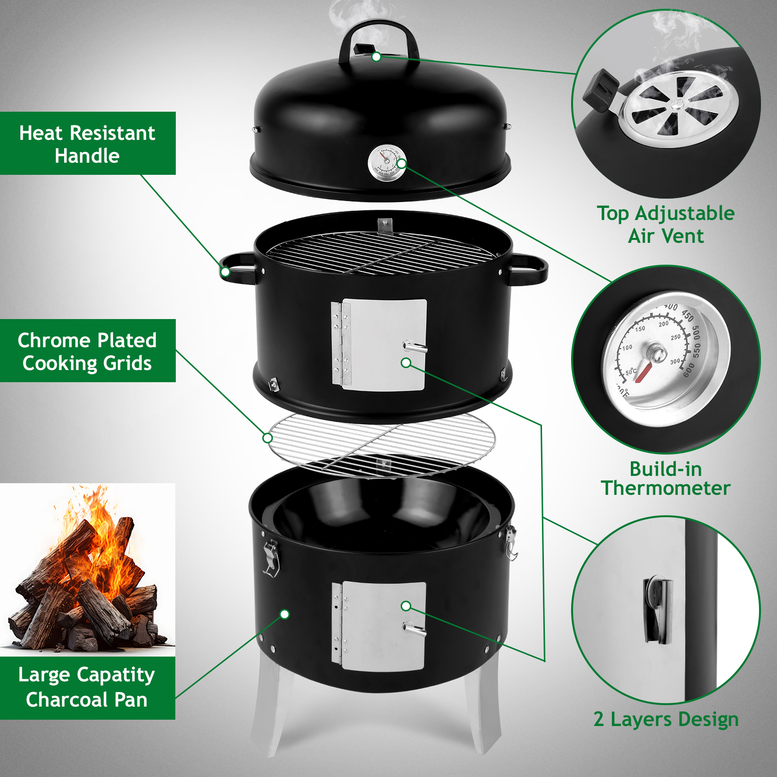 47x41.5x82cm Black Double-Walled Cylindrical Charcoal Smoker Grill - Premium Quality - Image 16