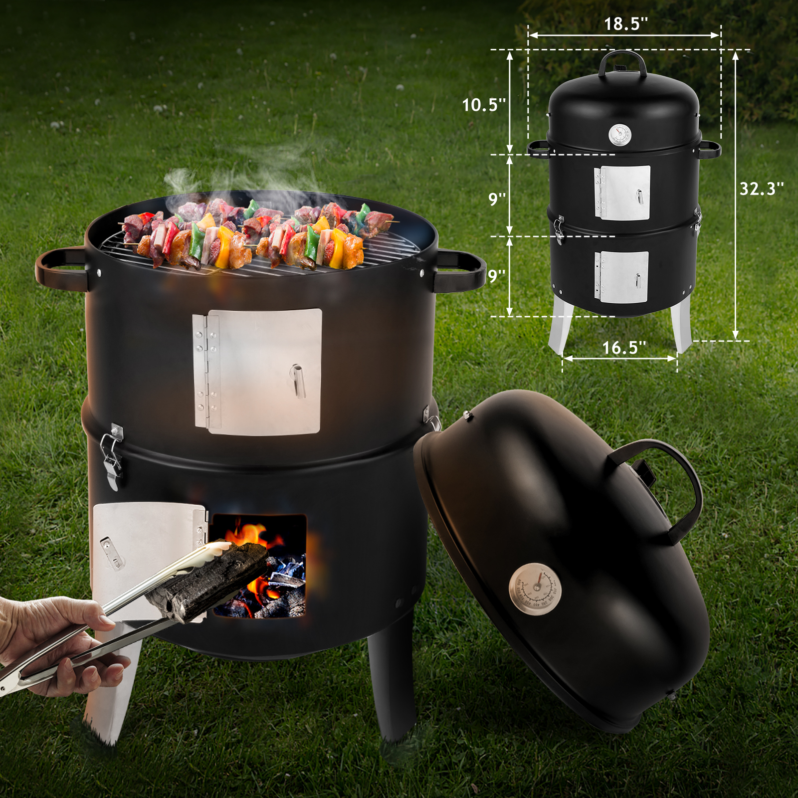 47x41.5x82cm Black Double-Walled Cylindrical Charcoal Smoker Grill - Premium Quality - Image 17