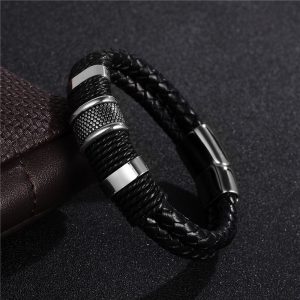 2017 Men's Fashion Black Braid Woven Leather Bracelet with Titanium Stainless Steel - Vintage Gift Bangle Jewelry