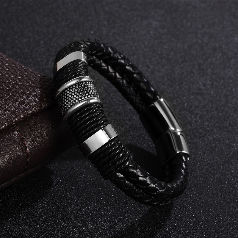 2017 Men's Fashion Black Braid Woven Leather Bracelet with Titanium Stainless Steel - Vintage Gift Bangle Jewelry