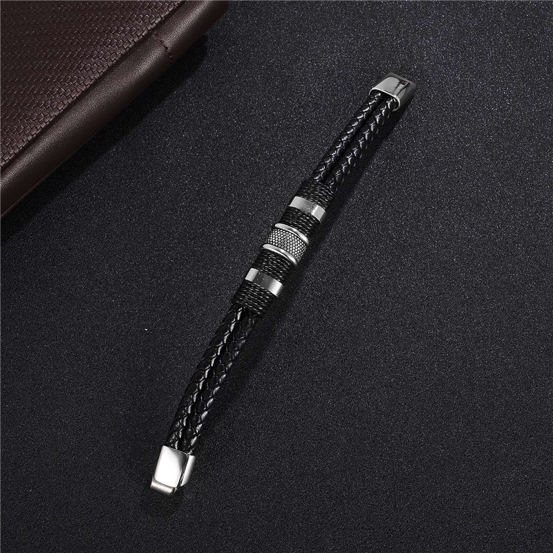 2017 Men's Fashion Black Braid Woven Leather Bracelet with Titanium Stainless Steel - Vintage Gift Bangle Jewelry - Image 2