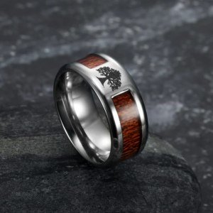 Asgard Handcrafted Stainless Steel Celtic Tree of Life Wedding Ring with Wood Inset