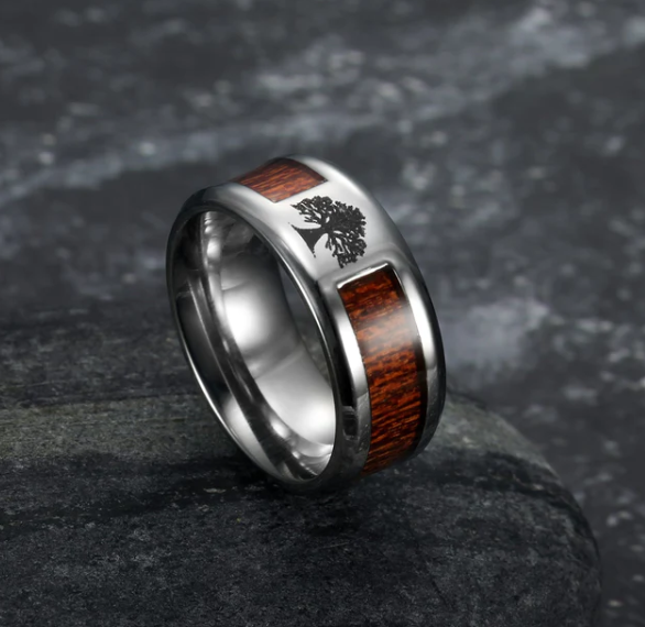Asgard Handcrafted Stainless Steel Celtic Tree of Life Wedding Ring with Wood Inset
