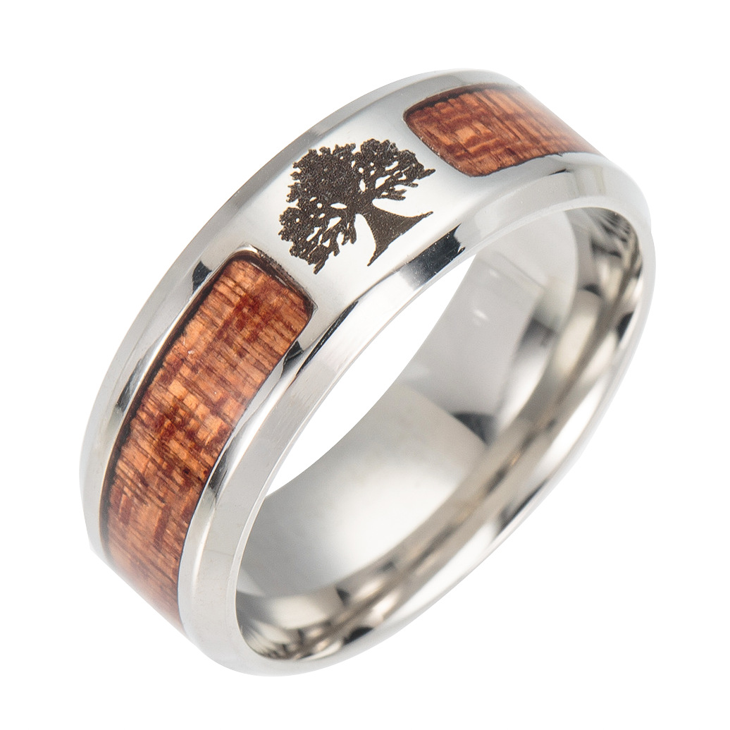 Asgard Handcrafted Stainless Steel Celtic Tree of Life Wedding Ring with Wood Inset - Image 2
