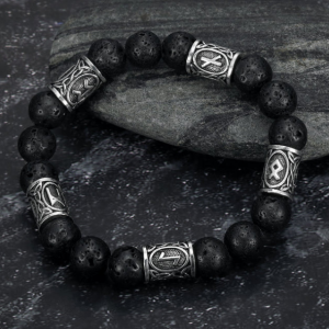 Asgard Handcrafted Silver Rune & Black Lava Stone Bracelet - Unique Design