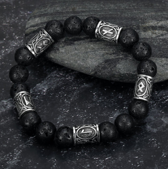 Asgard Handcrafted Silver Rune & Black Lava Stone Bracelet - Unique Design