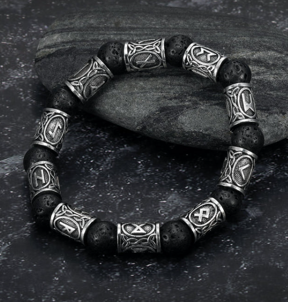 Asgard Handcrafted Silver Rune & Black Lava Stone Bracelet - Unique Design - Image 2