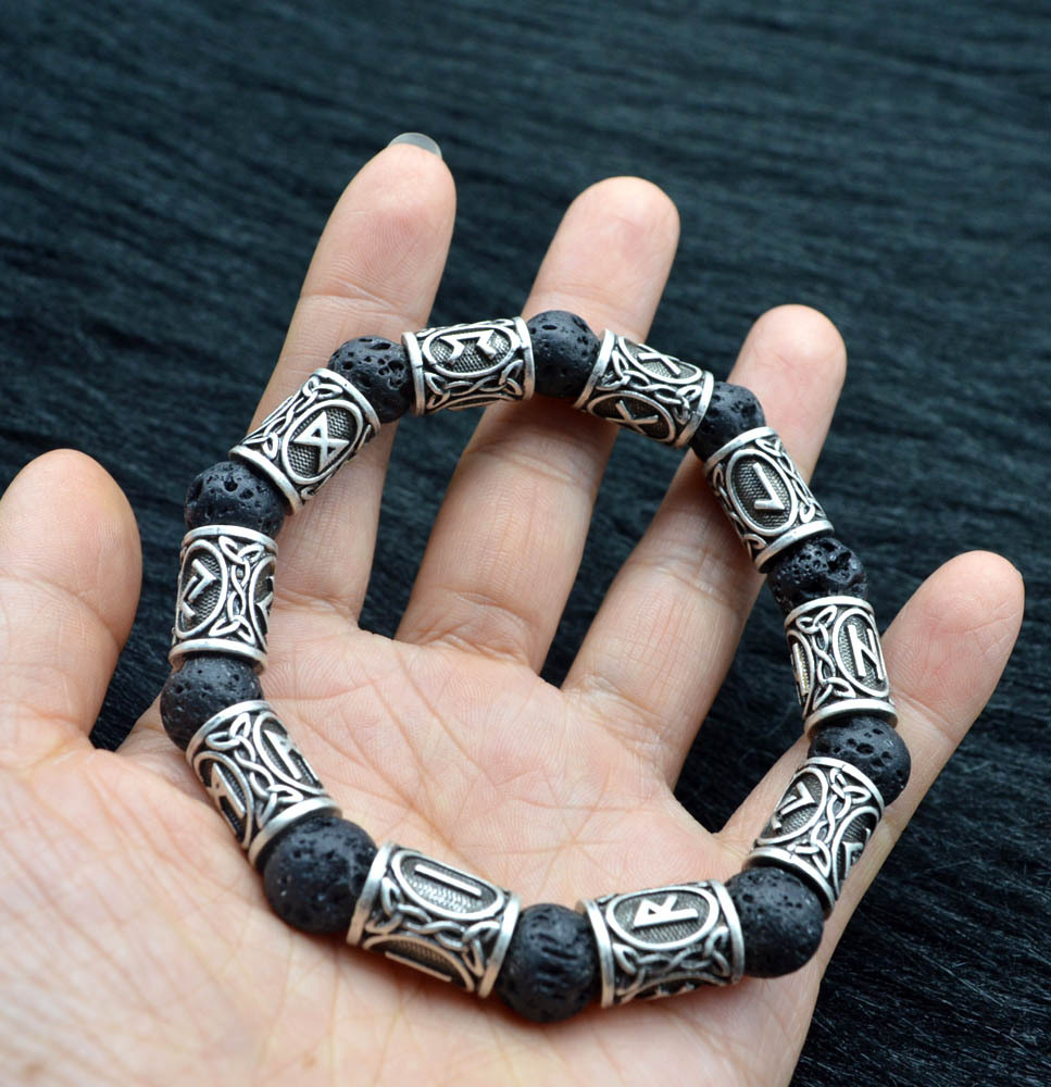 Asgard Handcrafted Silver Rune & Black Lava Stone Bracelet - Unique Design - Image 4