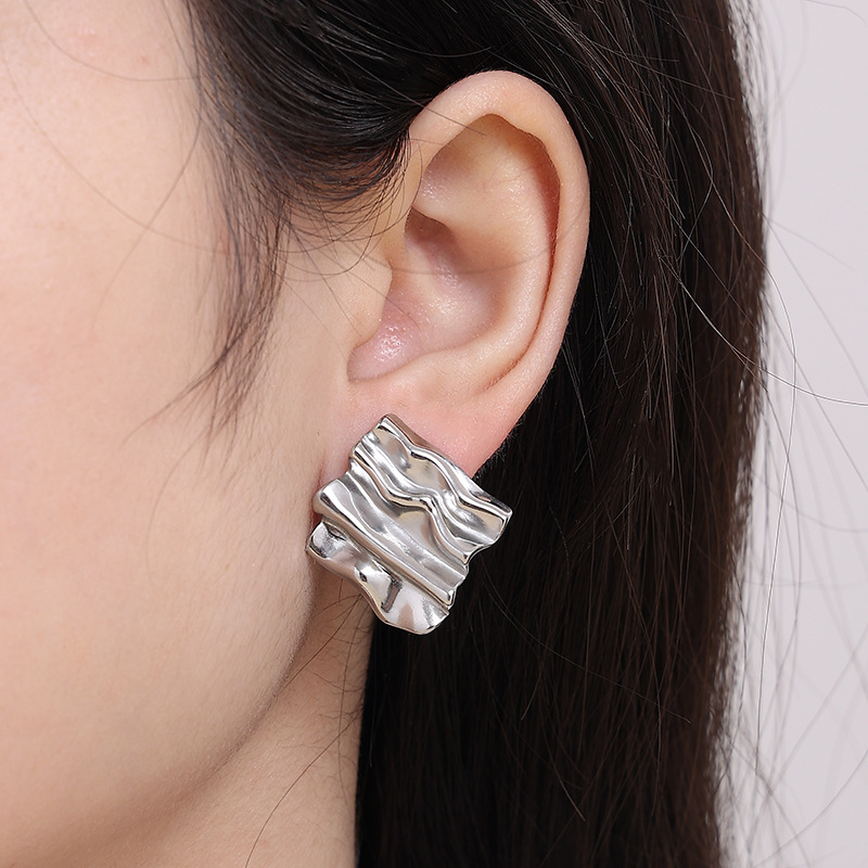 Vintage Small Rectangular Pleated Stud Earrings - Retro Style Jewelry - Image 2