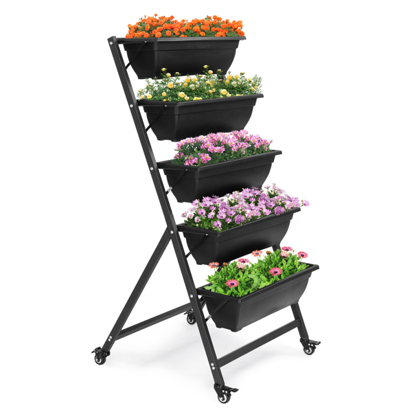 5-Layer Black PE Planter Pot with Wheels - 65x60x130cm for Easy Mobility - Image 3