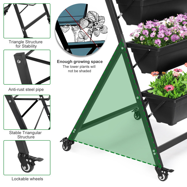 5-Layer Black PE Planter Pot with Wheels - 65x60x130cm for Easy Mobility - Image 6