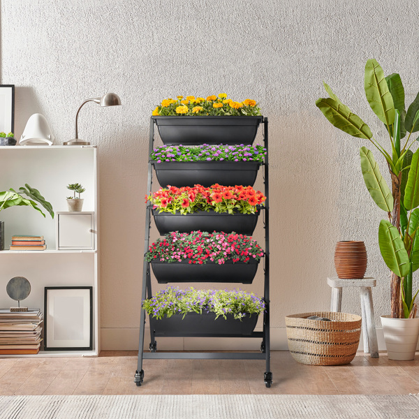 5-Layer Black PE Planter Pot with Wheels - 65x60x130cm for Easy Mobility - Image 9