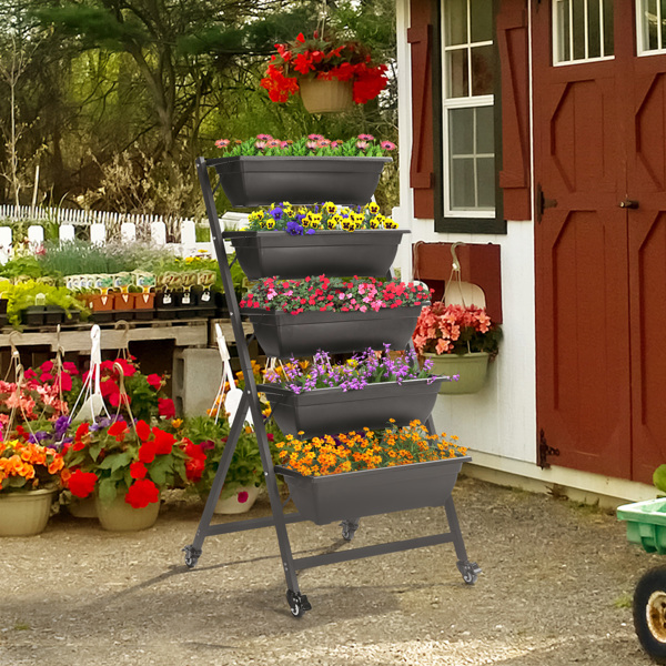 5-Layer Black PE Planter Pot with Wheels - 65x60x130cm for Easy Mobility - Image 17