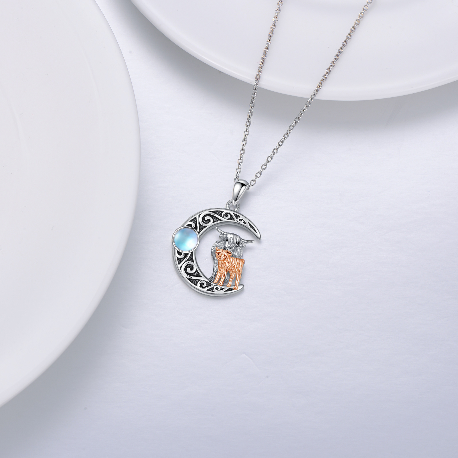 Mother Kids Highland Cow Moon 925 Sterling Silver Necklace Featuring Moonstone - Image 2