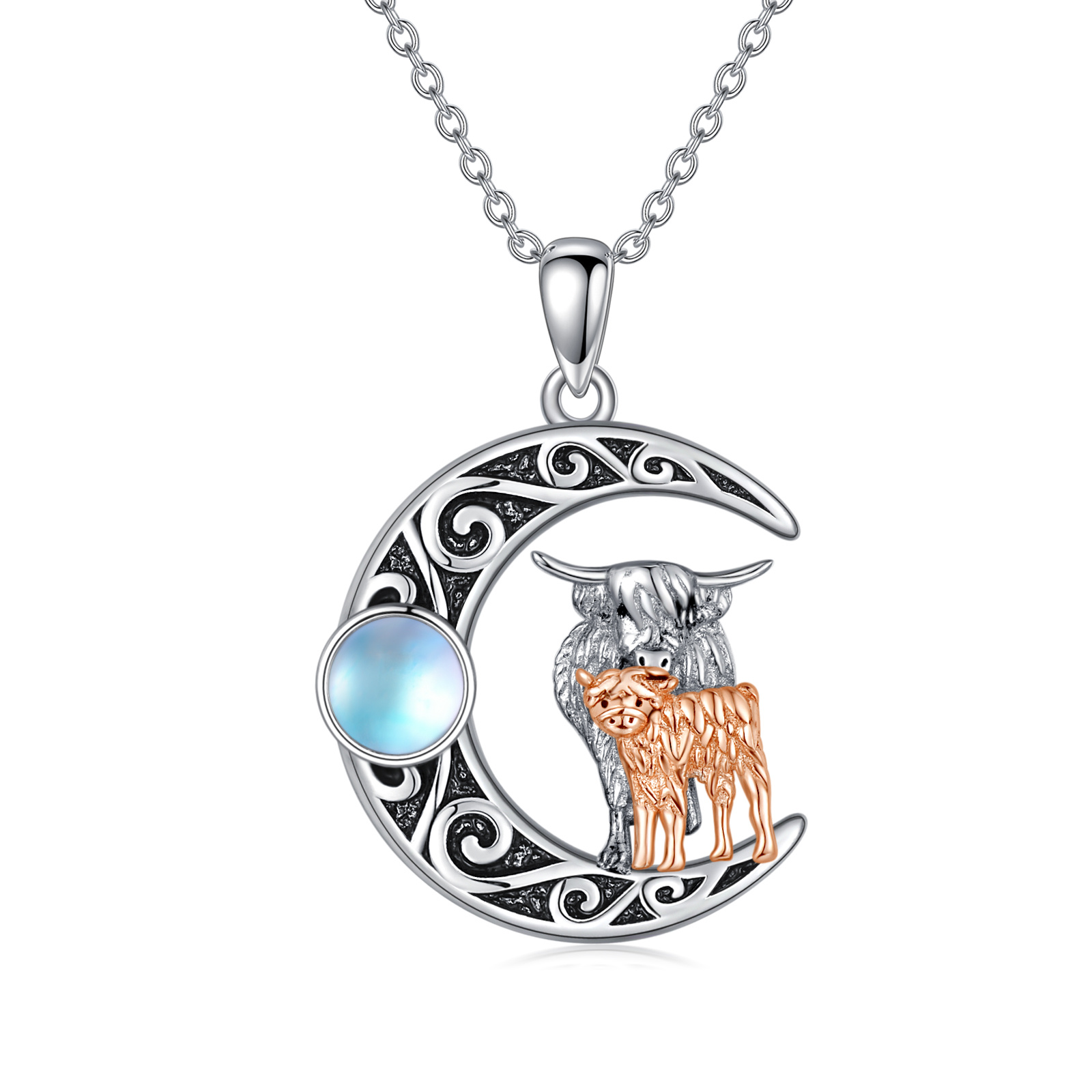 Mother Kids Highland Cow Moon 925 Sterling Silver Necklace Featuring Moonstone - Image 5