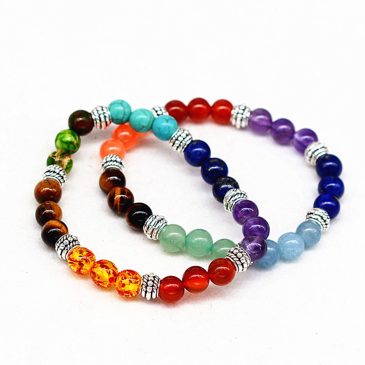 Reiki Ancient Silver Agate Tiger Colorful Crystal Bracelet for Seven Chakra Yoga - Image 2