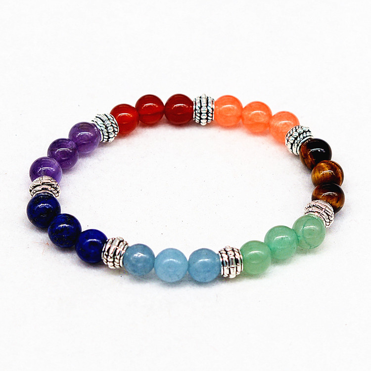Reiki Ancient Silver Agate Tiger Colorful Crystal Bracelet for Seven Chakra Yoga - Image 3