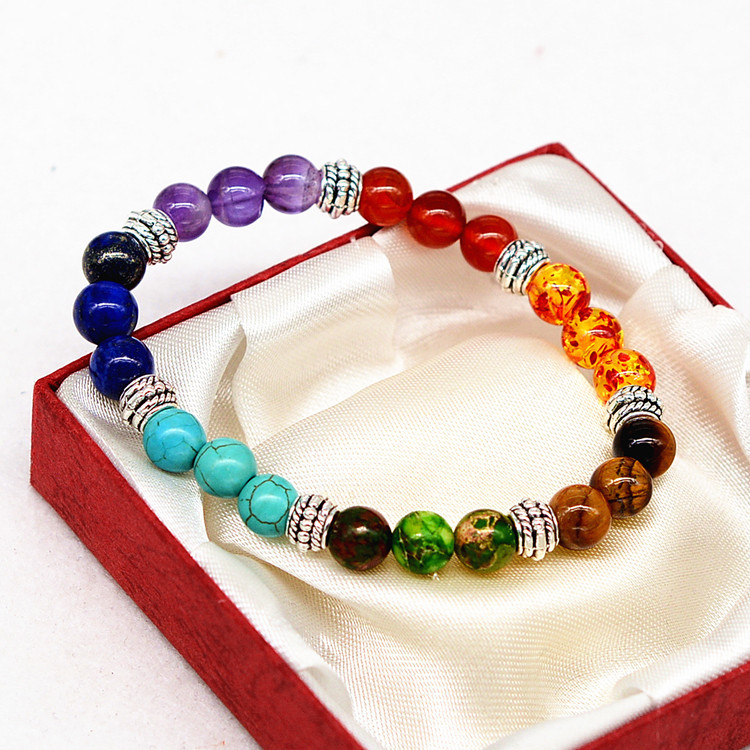Reiki Ancient Silver Agate Tiger Colorful Crystal Bracelet for Seven Chakra Yoga - Image 4