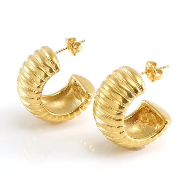 18K Stainless Steel C-Shaped Earrings with Wide Stripe Design - Elegant & Stylish - Image 5