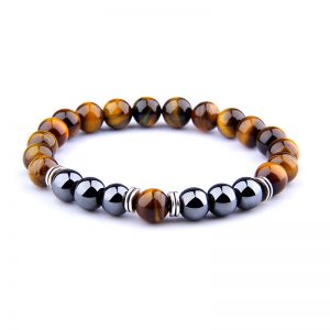 Stylish Yellow Tiger Eye Bracelet with Obsidian Alloy Separator - Elastic Design