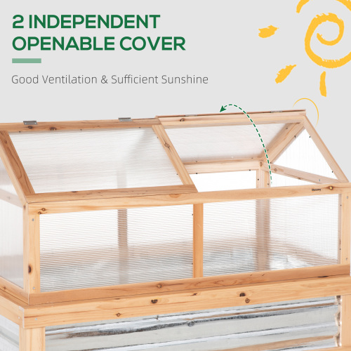 Outsunny Wooden Raised Garden Bed with Polycarbonate Greenhouse, 48 X 24 X 32, Flower Planter Cold Frame Protection, Natural - Image 2
