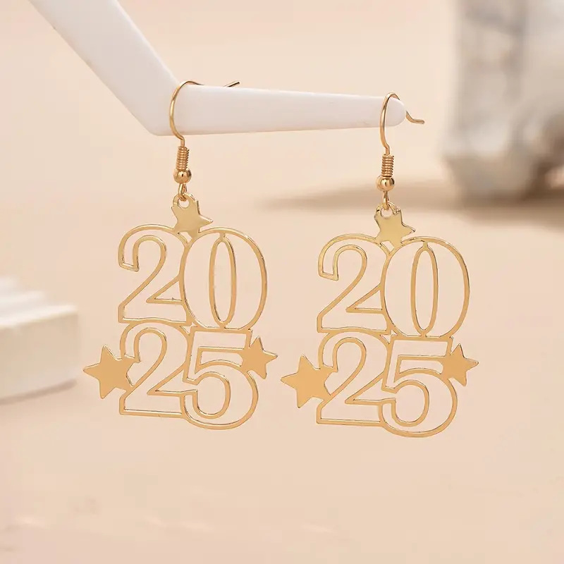 Stylish New Creative Golden Number 2025 Dangle Earrings for Women - Perfect Fashion Jewelry for New Year Parties - Image 2