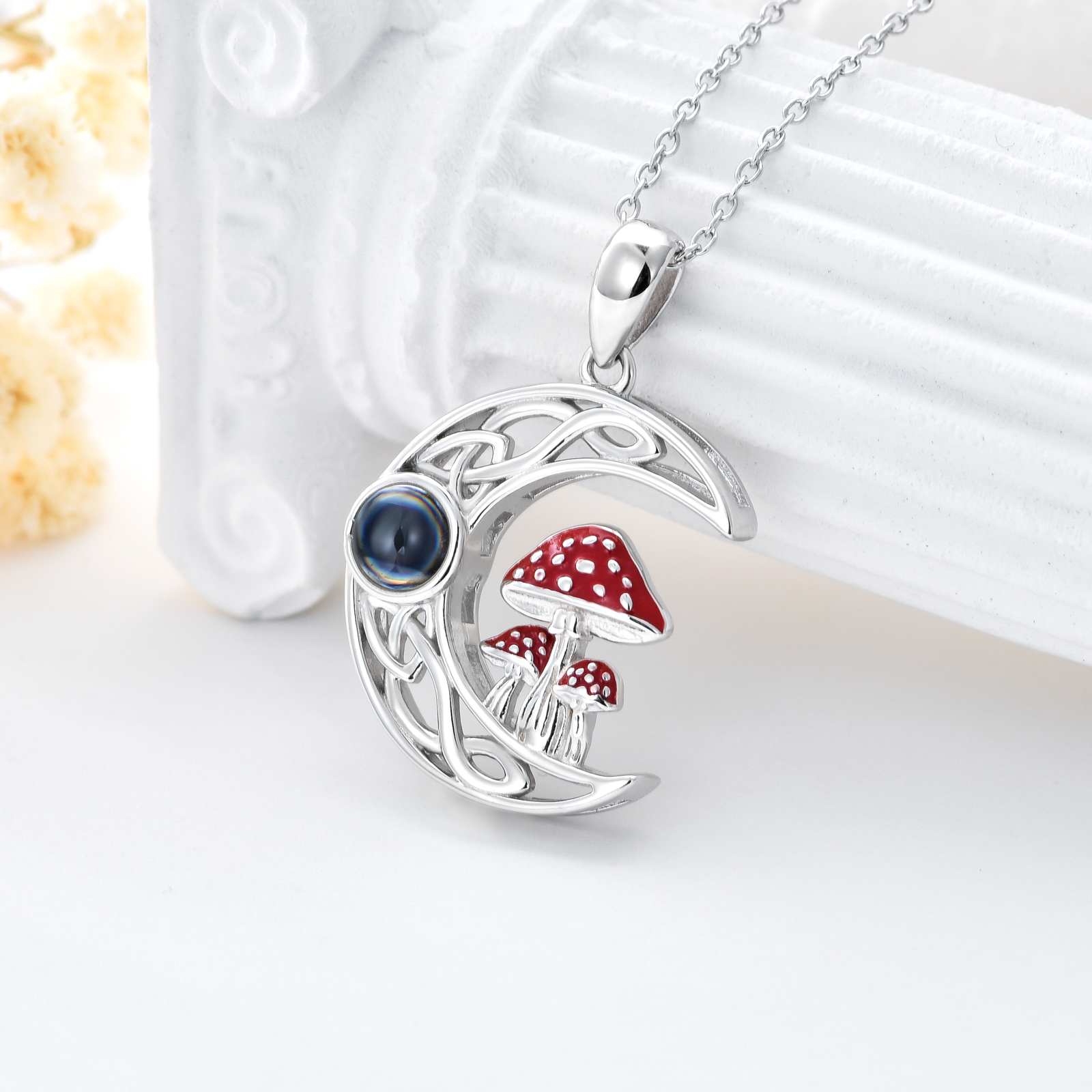 100 Languages "I Love You" Projection Stone Mushroom Moon Necklace in Sterling Silver - Image 2