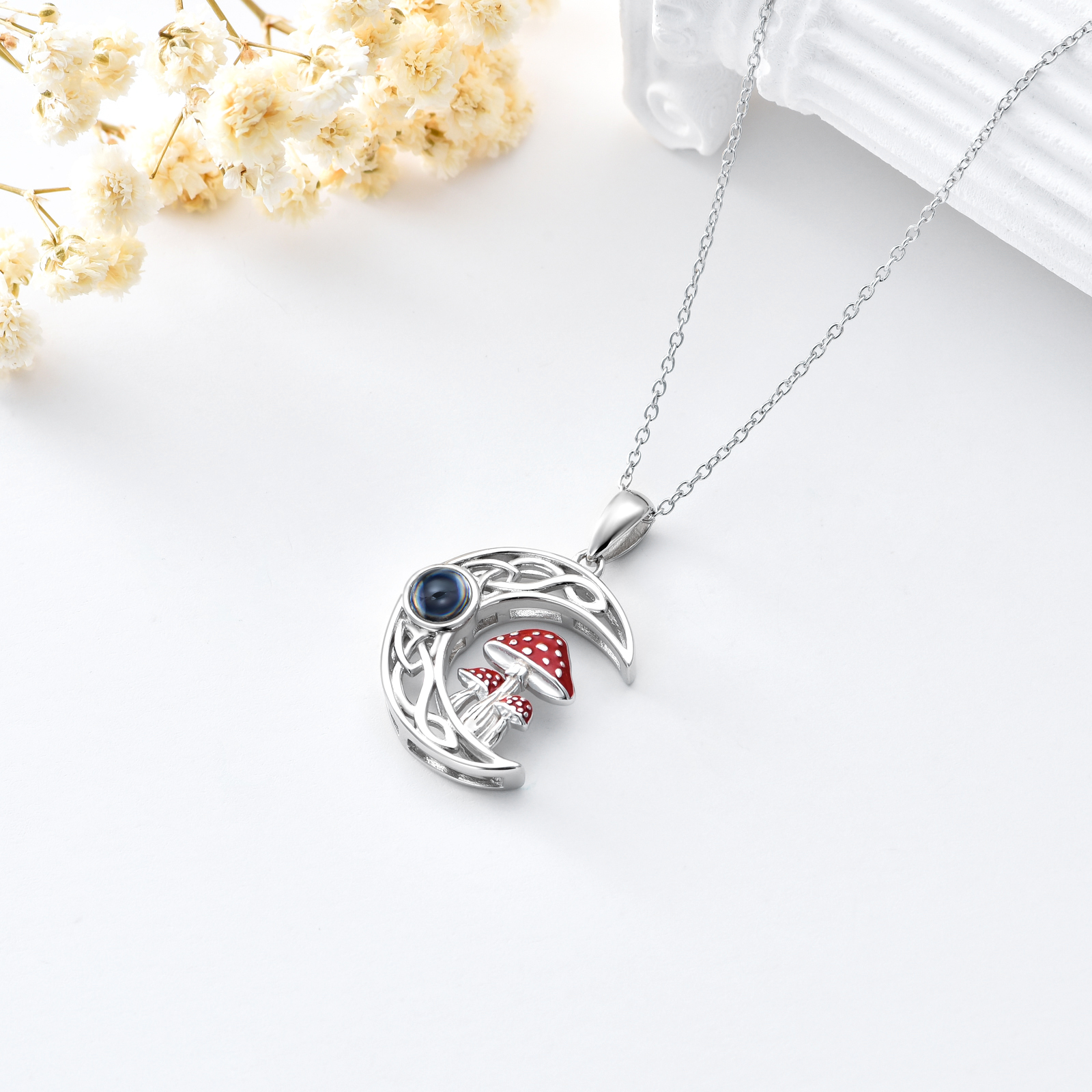 100 Languages "I Love You" Projection Stone Mushroom Moon Necklace in Sterling Silver - Image 3