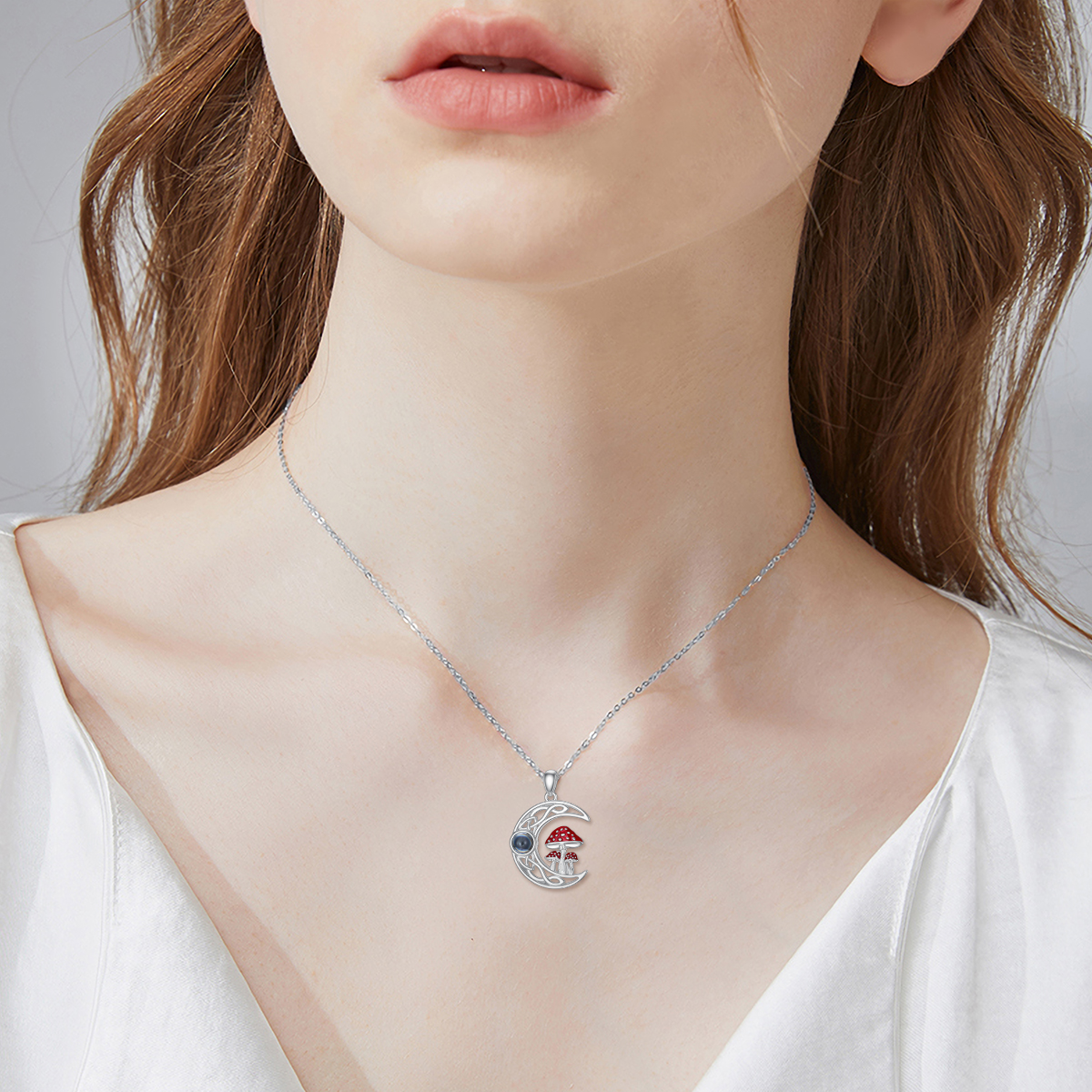 100 Languages "I Love You" Projection Stone Mushroom Moon Necklace in Sterling Silver - Image 4