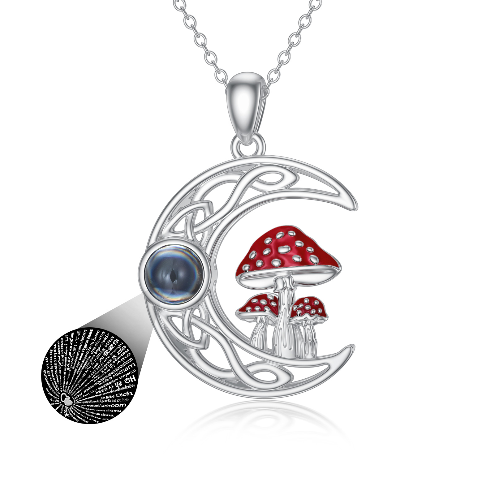 100 Languages "I Love You" Projection Stone Mushroom Moon Necklace in Sterling Silver - Image 6