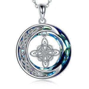 Celtic Moon Witch Knot Necklace in 925 Sterling Silver with Good Luck Crystal