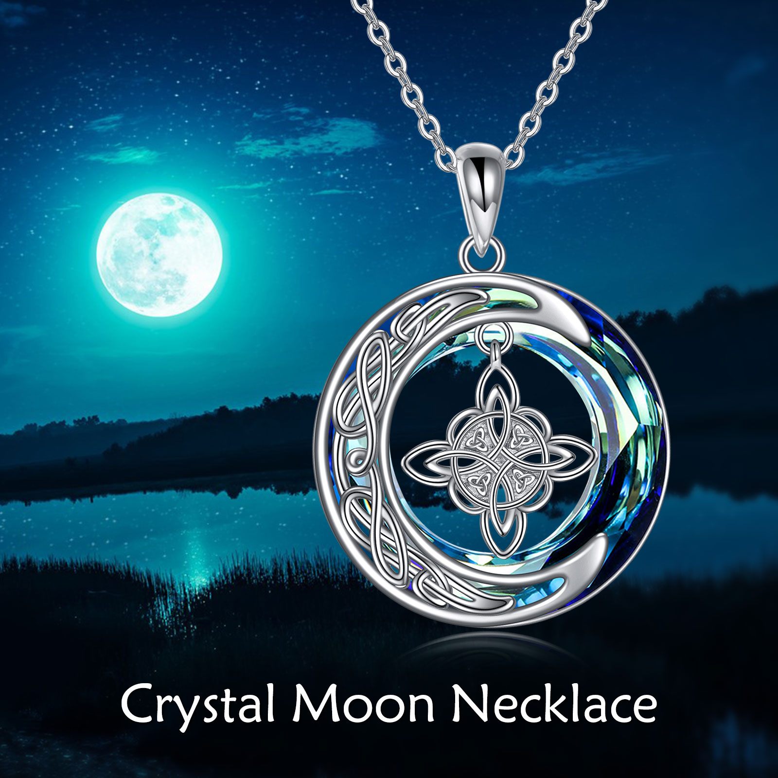 Celtic Moon Witch Knot Necklace in 925 Sterling Silver with Good Luck Crystal - Image 6