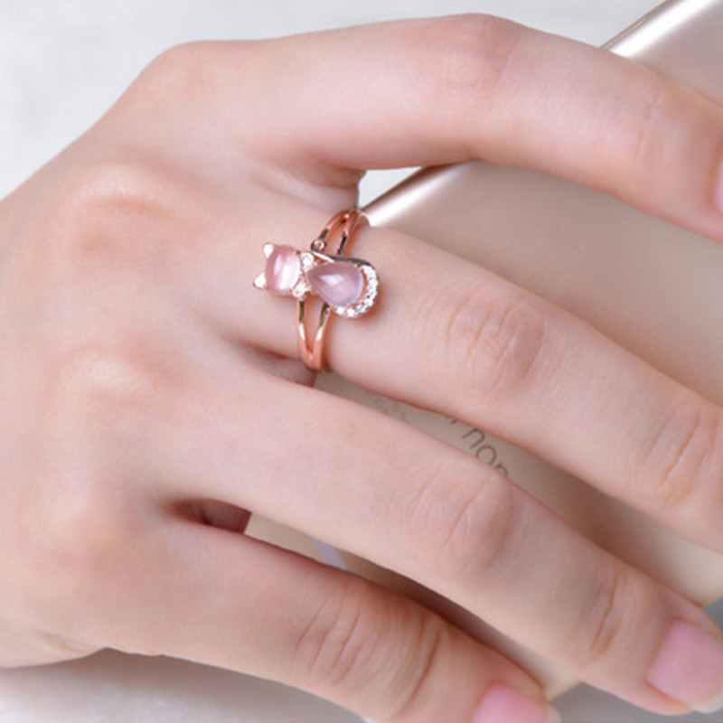 Charming Rose Gold Plated Crystal Cat Ring with Hibiscus Stone - Perfect Jewelry for Women and Pet Lovers at Parties - Image 3
