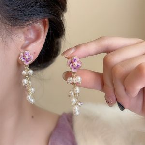 Charming French Pearl Tassel Flower Earrings for a Romantic Touch