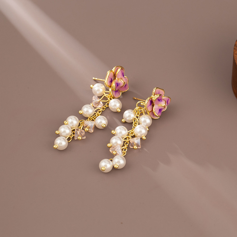 Charming French Pearl Tassel Flower Earrings for a Romantic Touch - Image 6