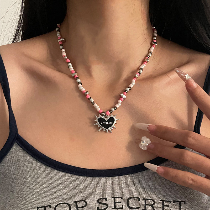 Unique Black Heart Thorn Beaded Necklace - Original Design Jewelry