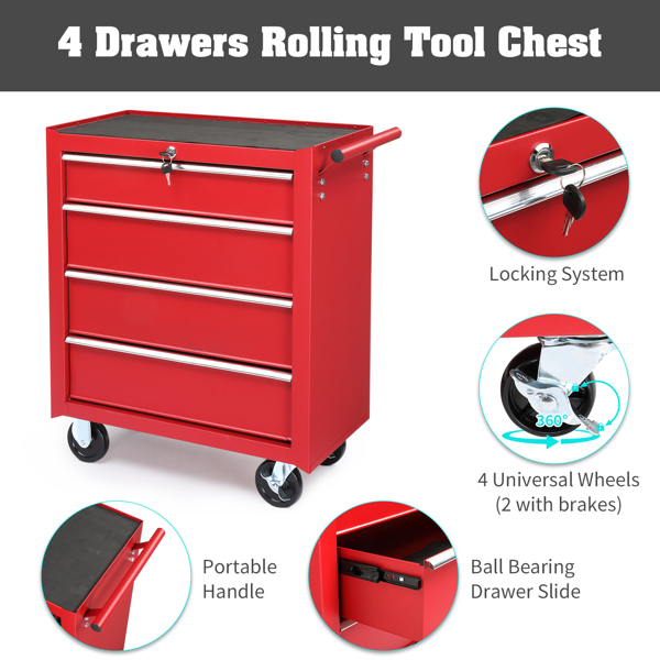 Single Bottom Cabinet with 4 Drawers - Durable Steel Maintenance Tool Cart