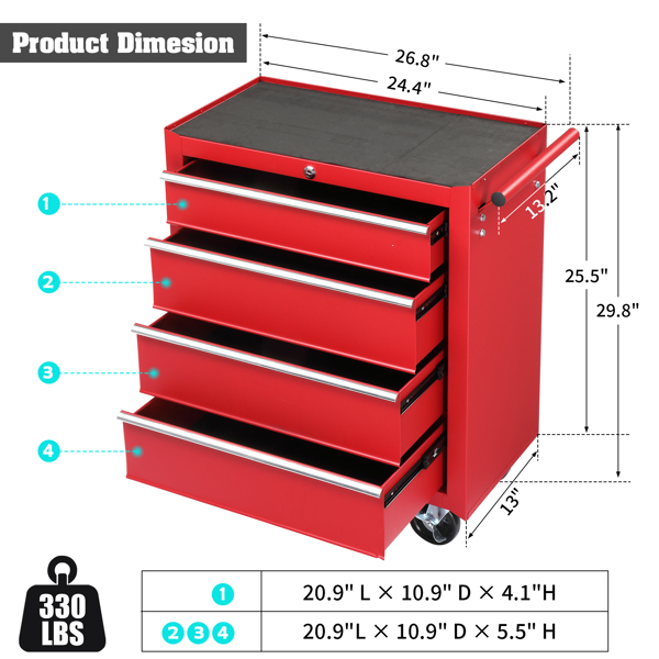 Single Bottom Cabinet with 4 Drawers - Durable Steel Maintenance Tool Cart - Image 4