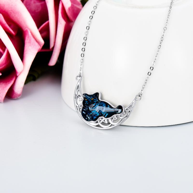 Celtic Moon Necklace with Blue Crystal and Cat Design in S925 Sterling Silver - Image 4
