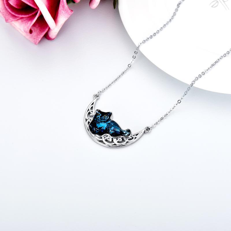 Celtic Moon Necklace with Blue Crystal and Cat Design in S925 Sterling Silver - Image 5