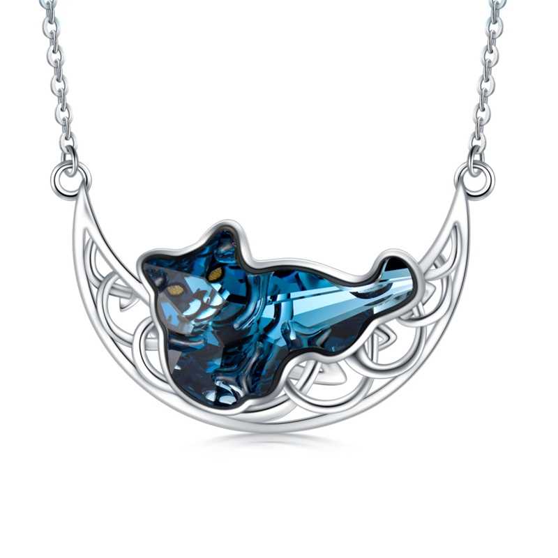 Celtic Moon Necklace with Blue Crystal and Cat Design in S925 Sterling Silver - Image 6