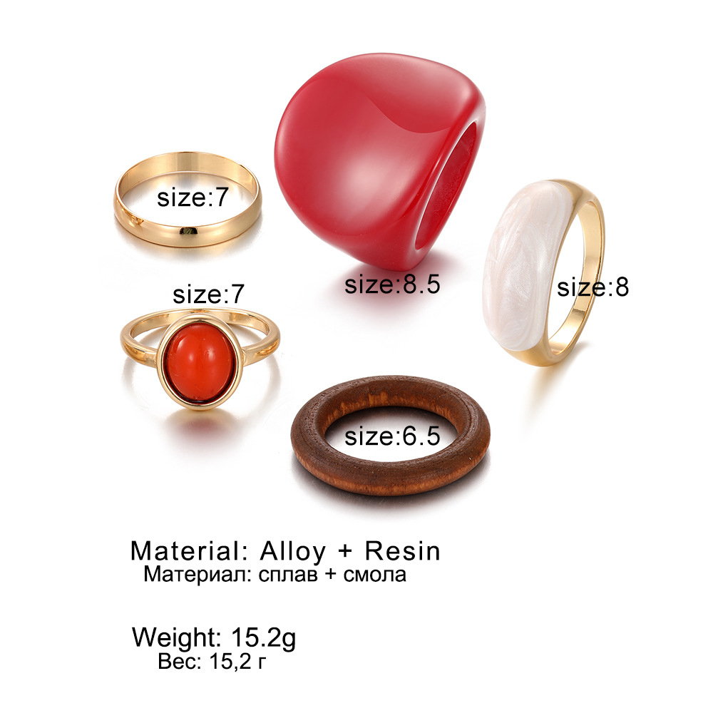 Trendy Women's Ring Set - Exaggerated Red Resin Enamel & Wooden Geometric Punk Fashion Jewelry - Image 2
