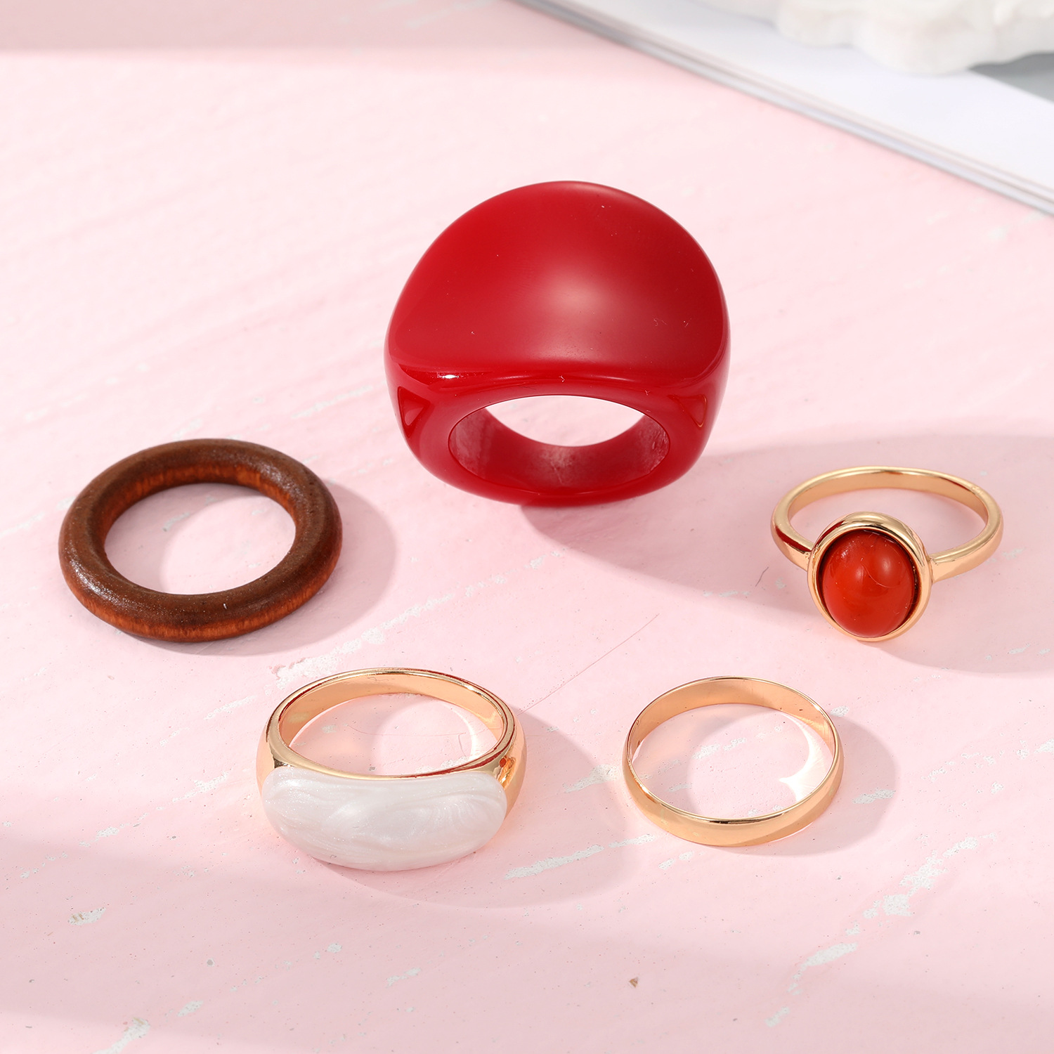 Trendy Women's Ring Set - Exaggerated Red Resin Enamel & Wooden Geometric Punk Fashion Jewelry - Image 4