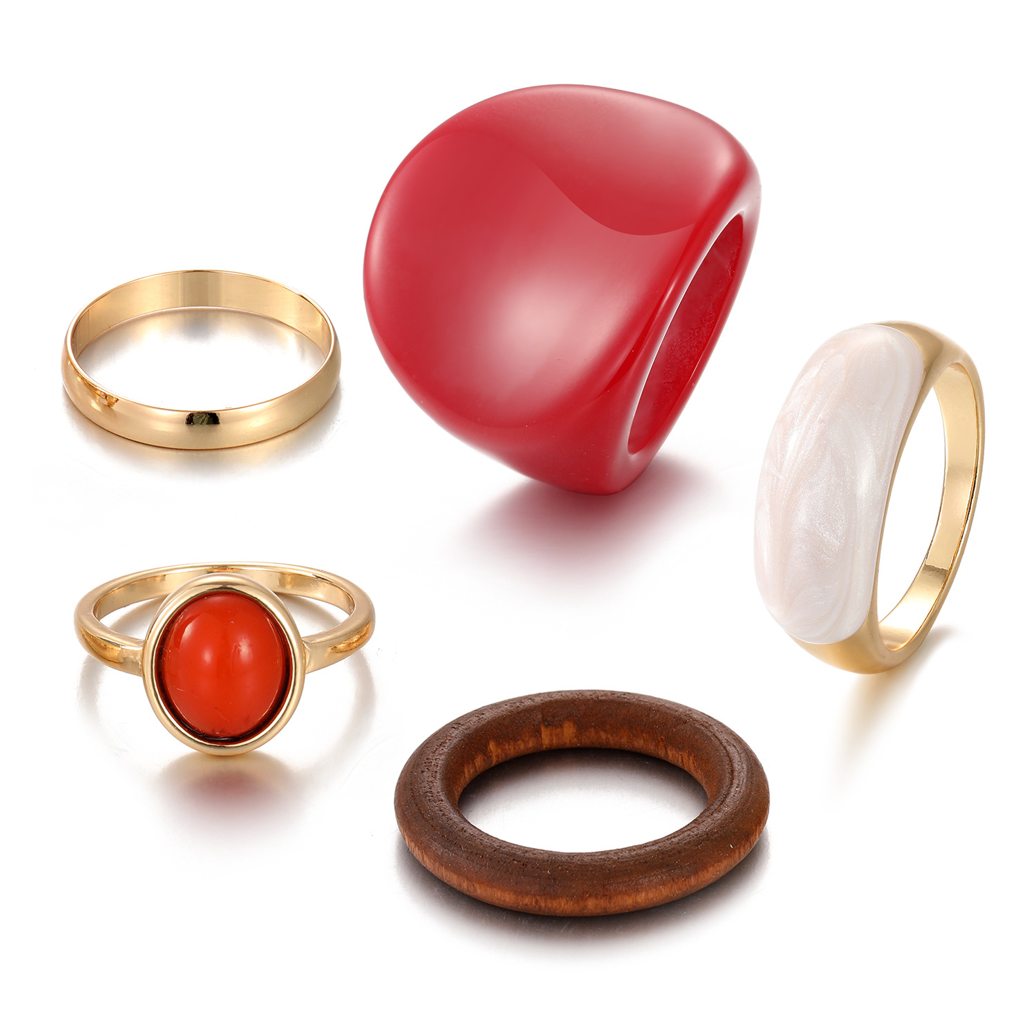Trendy Women's Ring Set - Exaggerated Red Resin Enamel & Wooden Geometric Punk Fashion Jewelry - Image 5