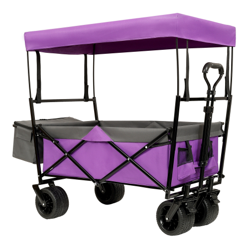 480Lbs Collapsible Wagon with Canopy - Lightweight Foldable Stroller for All-Terrain Use, Ideal for Camping, Shopping, Sports, and Garden Activities, Purple with Mosquito Net - Image 25