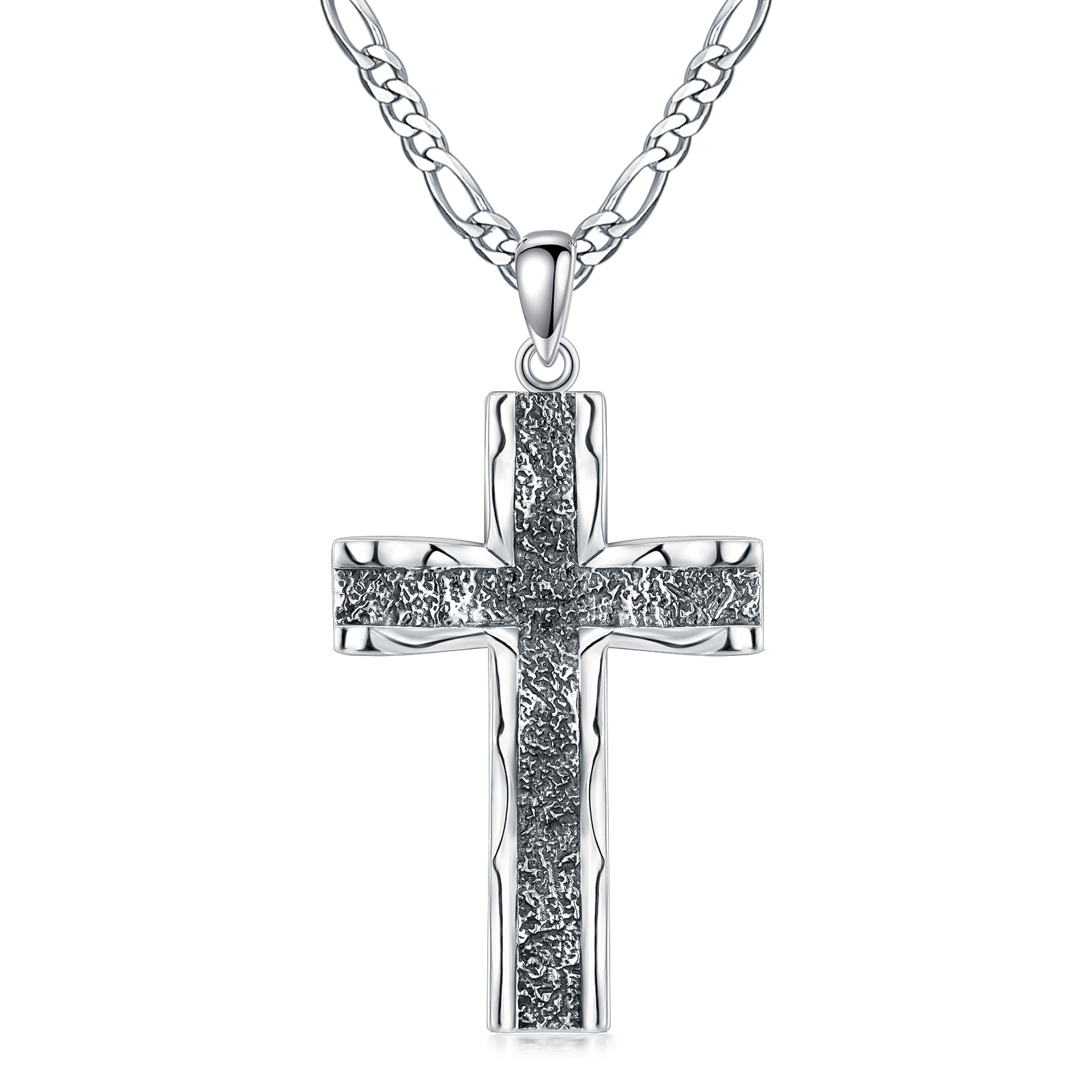 925 Sterling Silver Cross Pendant on Stainless Steel Figaro Chain - Oxidized Cross Necklace for Christian Jewelry Lovers